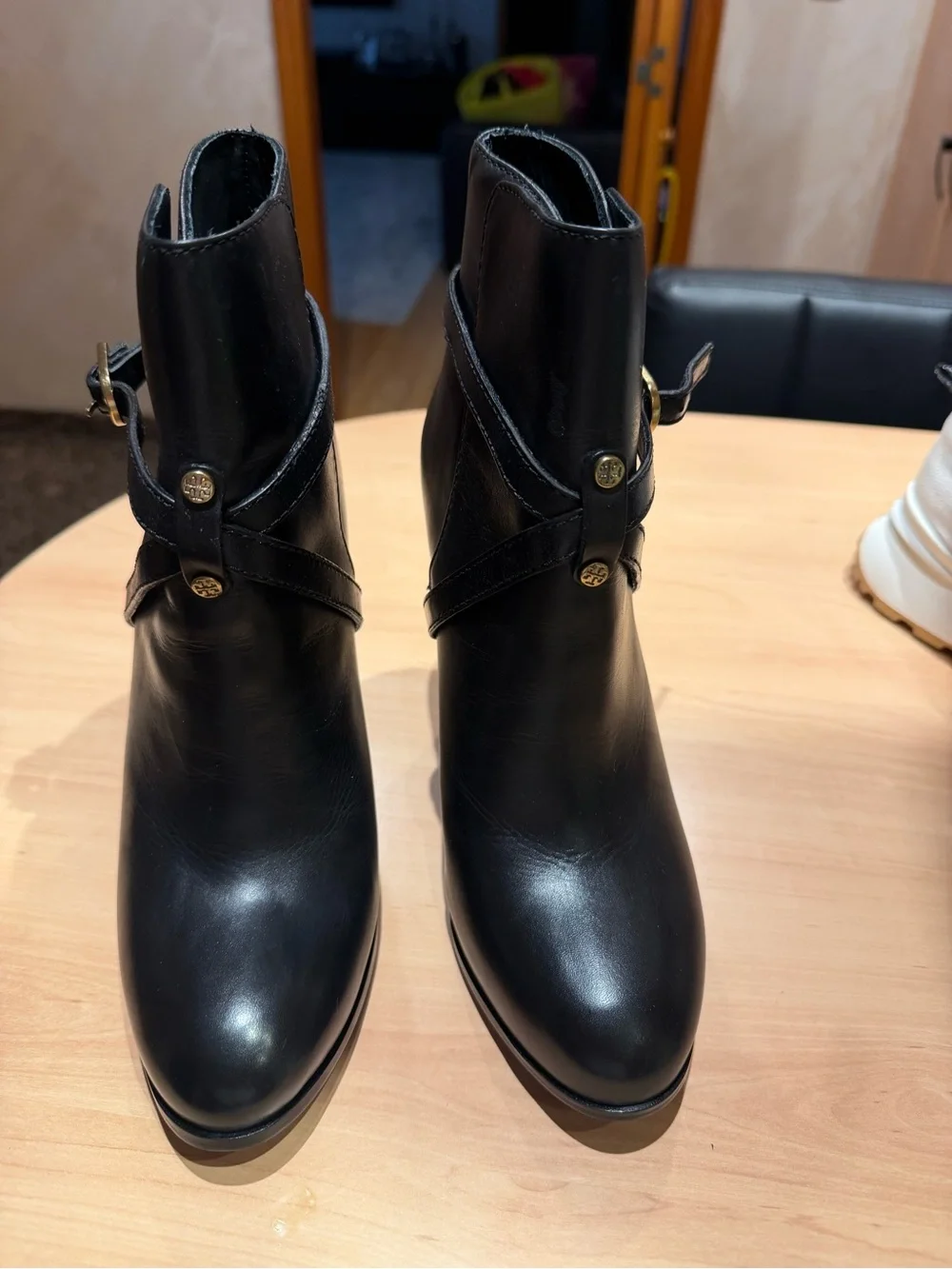 Tory Burch Black Leather High-Heel Ankle Boots with Buckle Strap